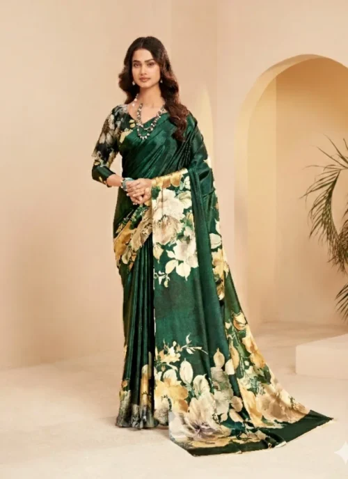 Front view Mehendi Green Digital Printed Designer Saree for women