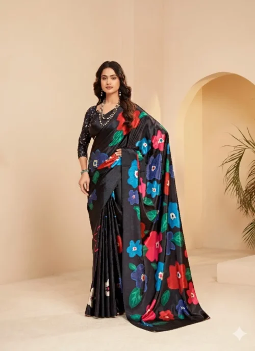 Front view Black Digital Printed Designer Saree for women