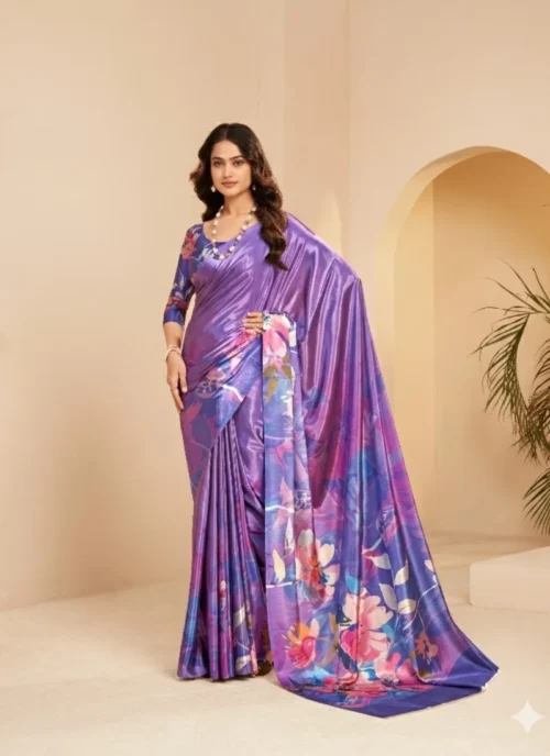 Front view Purple Digital Printed Designer Saree for women