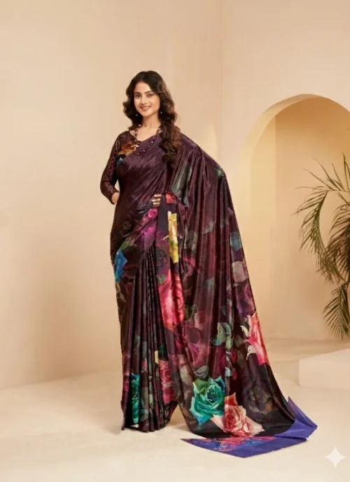 Front view Brown Digital Printed Designer Saree for women