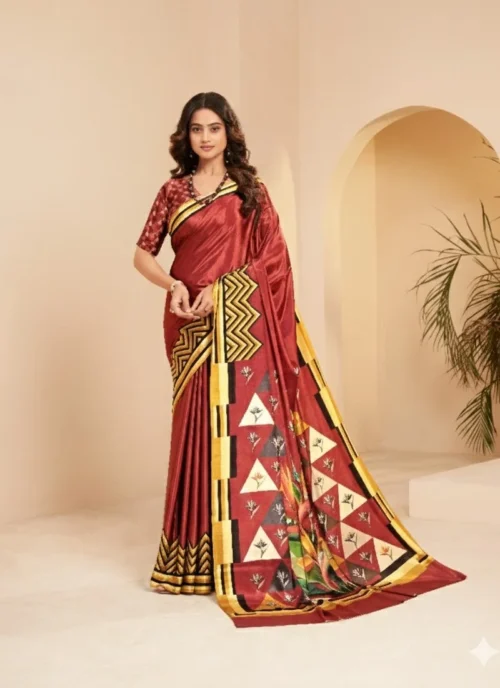 Front view Peach Digital Printed Designer Saree for women
