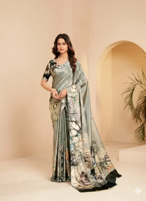 Front view Grey Digital Printed Designer Saree for women