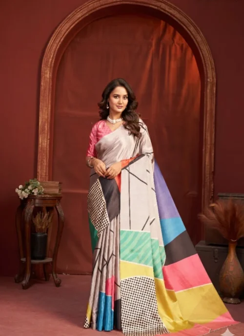 Front view Crep Silk Digital Printed Saree HL0012 for women