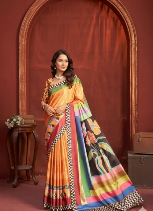 Front view Crep Silk Digital Printed Saree HL0013 for women