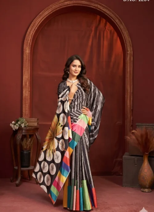Front view Crep Silk Digital Printed Saree HL0014 for women