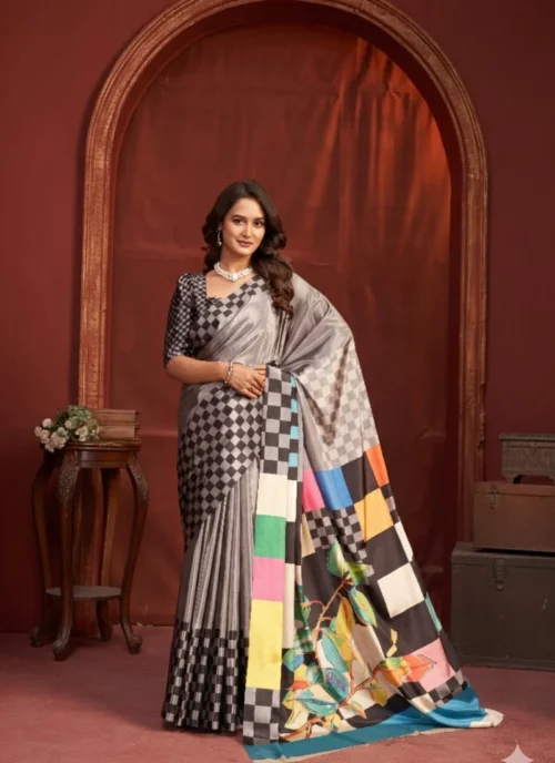 Front view Crep Silk Digital Printed Saree HL0015 for women