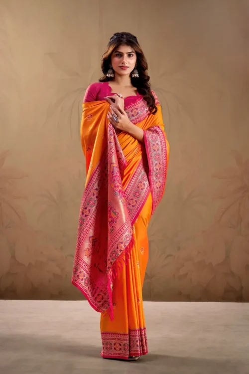 Designer orange Salem silk saree for haldi ceremony