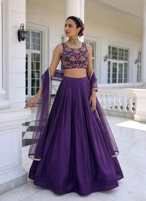 Front view Vichitra Silk Embroidered Lehenga Choli - HL101002 for women