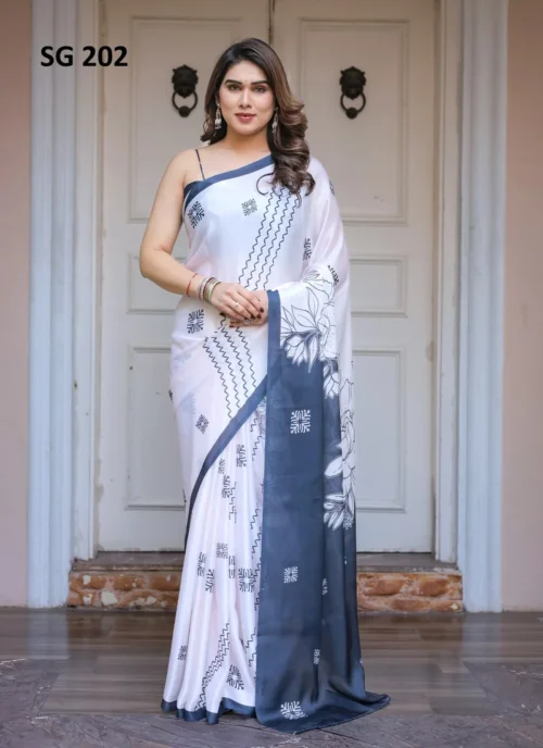 Front view Sattin Georgette Printed Saree Blue HL101004 for women