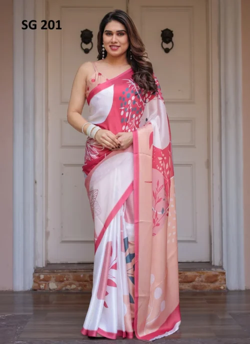 Front view Sattin Georgette Printed Saree Pink HL101006 for women