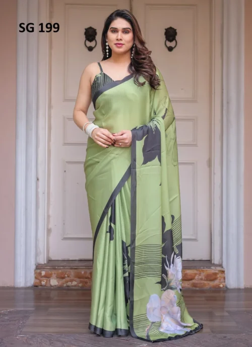 Front view Sattin Georgette Printed Saree Green HL101007 for women