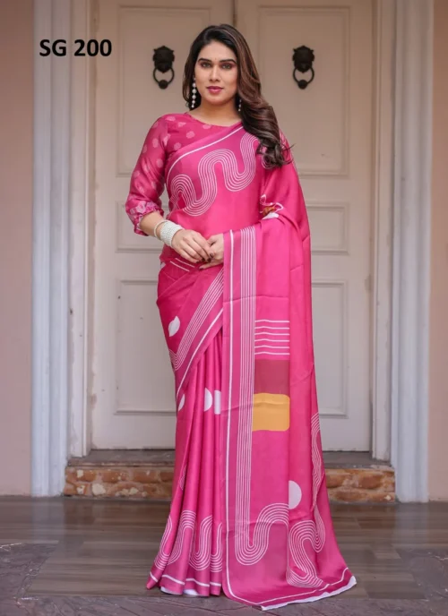 Front view Sattin Georgette Printed Saree Dark Pink HL101008 for women