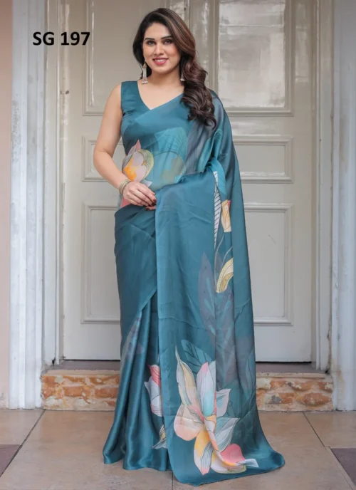 Front view Sattin Georgette Printed Saree Bottle Green HL101009 for women