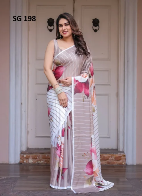 Front view Sattin Georgette Printed Saree White HL101010 for women