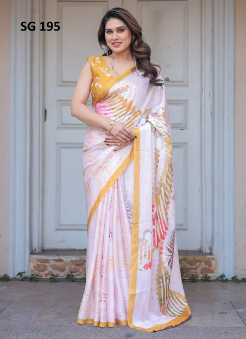 Front view Sattin Georgette Printed Saree Yellow HL101011 for women