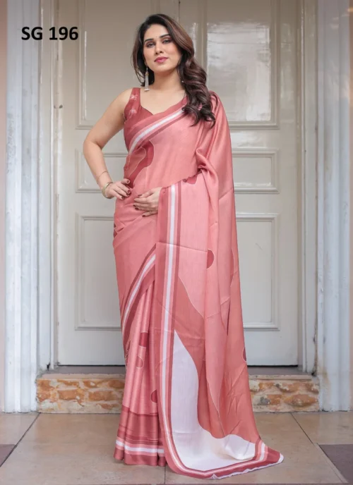 Front view Sattin Georgette Printed Saree Peach HL101012 for women