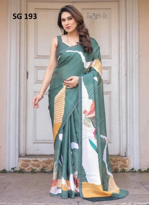 Front view Sattin Georgette Printed Saree Sea Green HL101013 for women