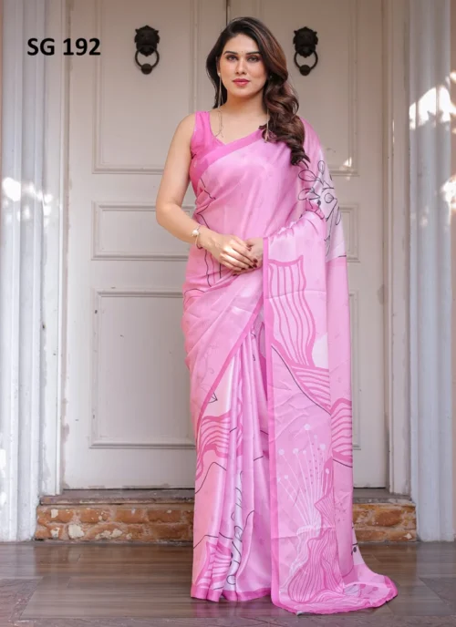 Front view Sattin Georgette Printed Saree Pink HL101014 for women