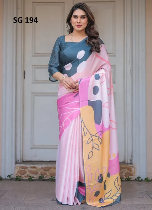Front view Sattin Georgette Printed Saree Multicolor HL101015 for women