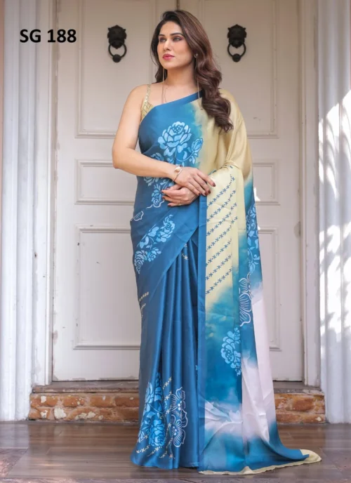 Front view Sattin Georgette Printed Saree Blue HL101018 for women
