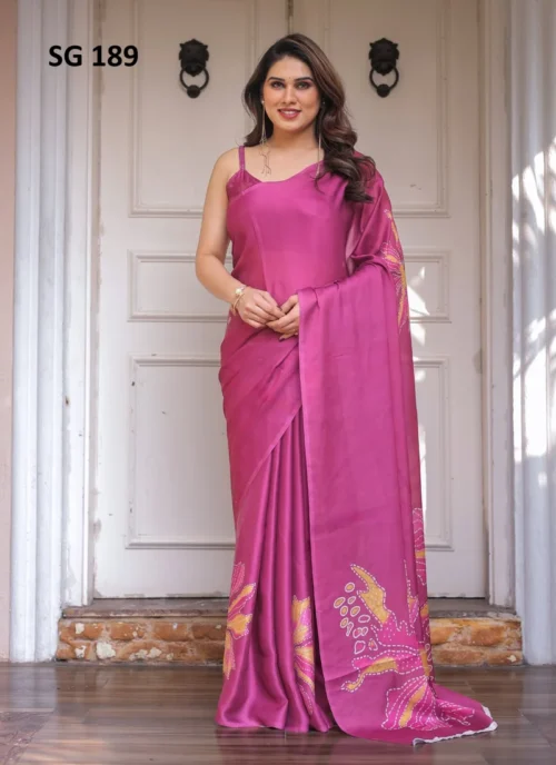 Front view Sattin Georgette Printed Saree Pink HL101019 for women