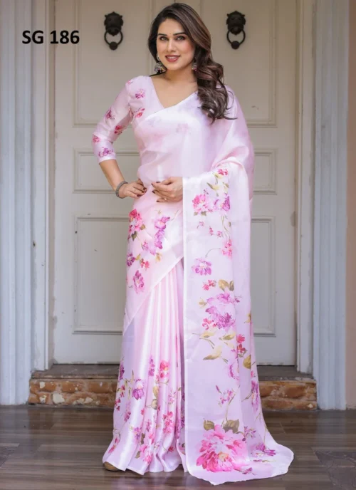 Front view Sattin Georgette Printed Saree Pink HL101020 for women