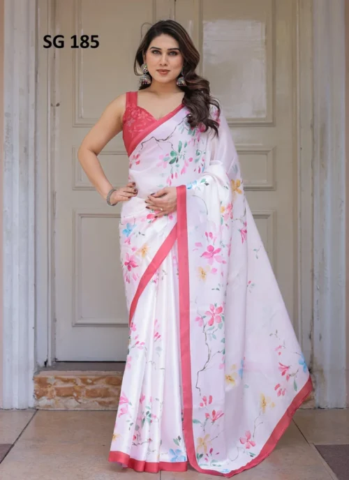 Front view Sattin Georgette Printed Saree Pink HL101021 for women