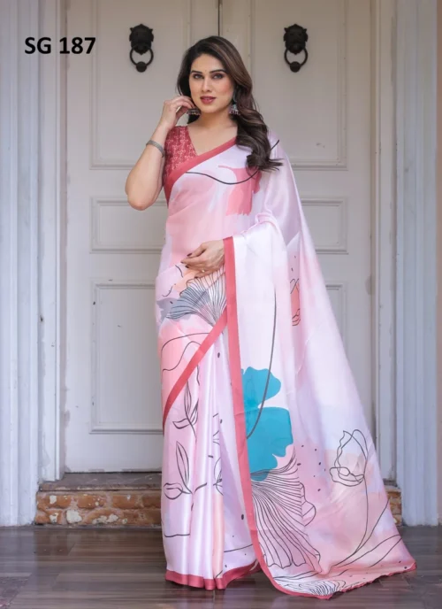 Front view Sattin Georgette Printed Saree Pink HL101022 for women