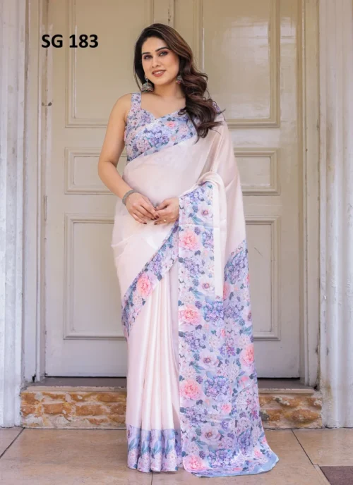 Front view Sattin Georgette Printed Saree Off White HL101023 for women