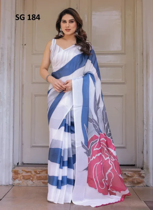 Front view Sattin Georgette Printed Saree Blue HL101024 for women