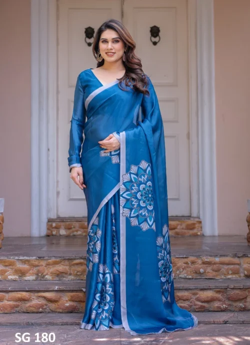 Front view Sattin Georgette Printed Saree Blue HL101026 for women