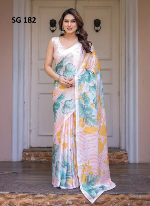 Front view Sattin Georgette Printed Saree Off White HL101027 for women