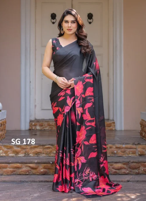 Front view Sattin Georgette Printed Saree Black HL101028 for women