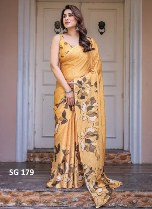 Front view Sattin Georgette Printed Saree Yellow HL101029 for women
