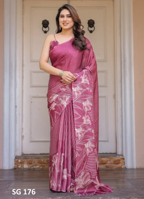 Front view Sattin Georgette Printed Saree Pink HL101030 for women