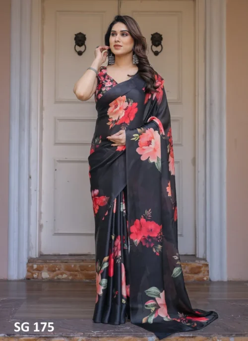 Front view Sattin Georgette Printed Saree Black HL101031 for women