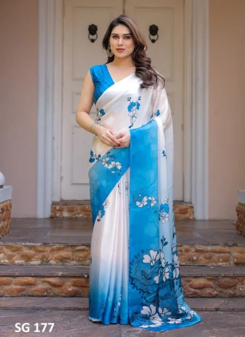 Front view Sattin Georgette Printed Saree Sky Blue HL101032 for women