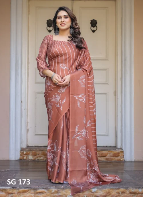 Front view Sattin Georgette Printed Saree Brown HL101033 for women