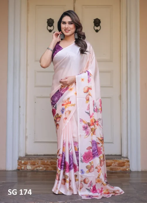 Front view Sattin Georgette Printed Saree Off White HL101034 for women