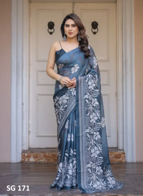 Front view Sattin Georgette Printed Saree Grey HL101035 for women