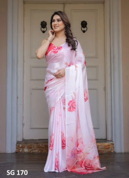 Front view Sattin Georgette Printed Saree White HL101036 for women