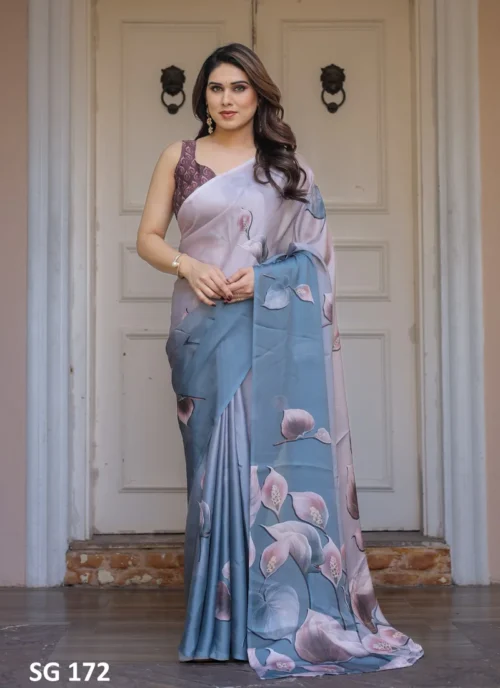 Front view Sattin Georgette Printed Saree Grey HL101037 for women