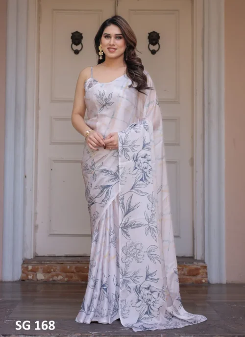 Front view Sattin Georgette Printed Saree Grey HL101038 for women
