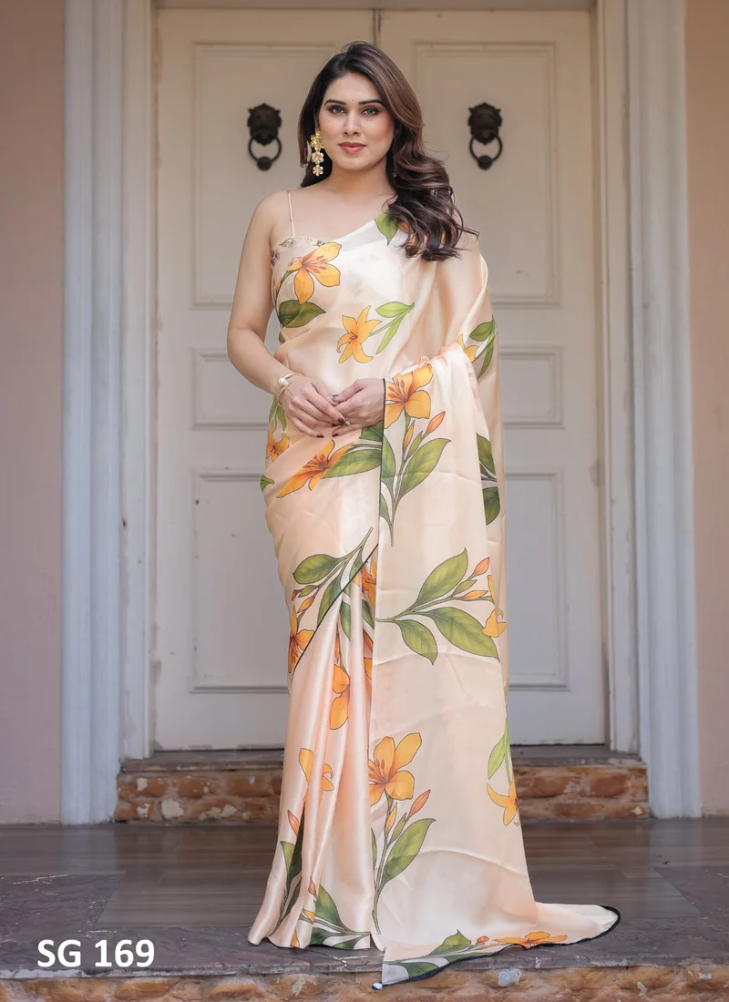 Front view Sattin Georgette Printed Saree Yellow HL101039 for women