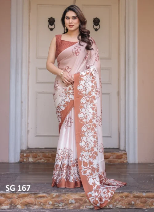 Front view Sattin Georgette Printed Saree Brown HL101040 for women