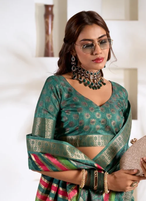 Front view Bottle Green Foil Print Soft Dola Silk 0001 for women