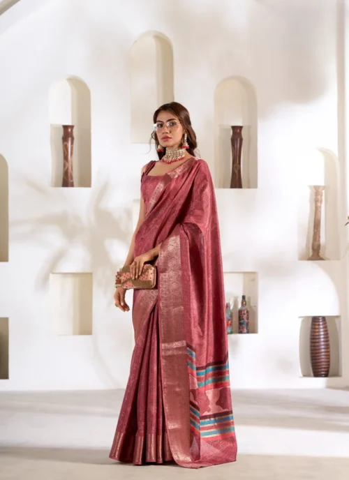 Front view Pink Foil Print Soft Dola Silk 0002 for women