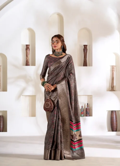 Front view Brown Foil Print Soft Dola Silk 0003 for women