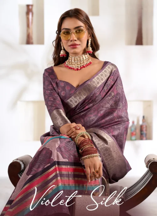 Front view Purple Foil Print Soft Dola Silk 0004 for women