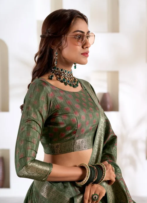 Front view Green Foil Print Soft Dola Silk 0005 for women